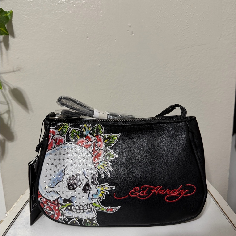 Ed Hardy Black wristlet with Skull and Floral Art
